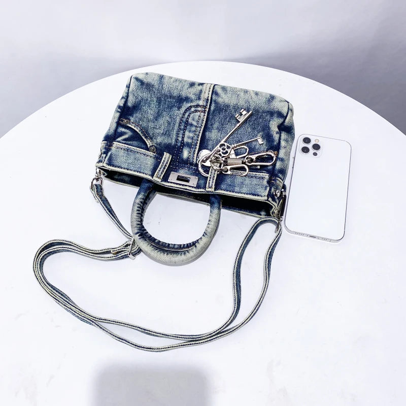 Bloqueio rebite decoração chave sacos para mulheres designer de luxo bolsa e bolsa 2024 novo no vintage lavagem água denim pequeno ombro bolsa transversal frete grátis chegada rápida
