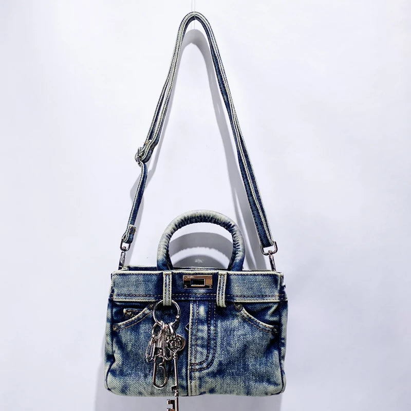 Bloqueio rebite decoração chave sacos para mulheres designer de luxo bolsa e bolsa 2024 novo no vintage lavagem água denim pequeno ombro bolsa transversal frete grátis chegada rápida