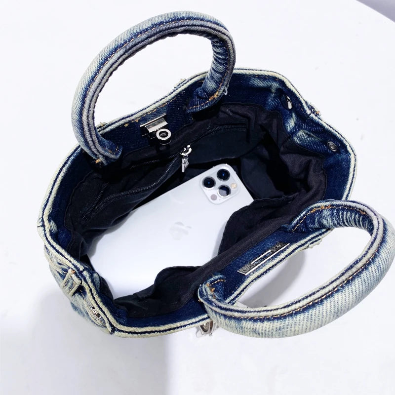 Bloqueio rebite decoração chave sacos para mulheres designer de luxo bolsa e bolsa 2024 novo no vintage lavagem água denim pequeno ombro bolsa transversal frete grátis chegada rápida