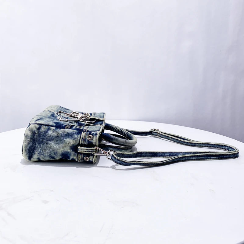 Bloqueio rebite decoração chave sacos para mulheres designer de luxo bolsa e bolsa 2024 novo no vintage lavagem água denim pequeno ombro  bolsa transversal  frete grátis chegada rápida