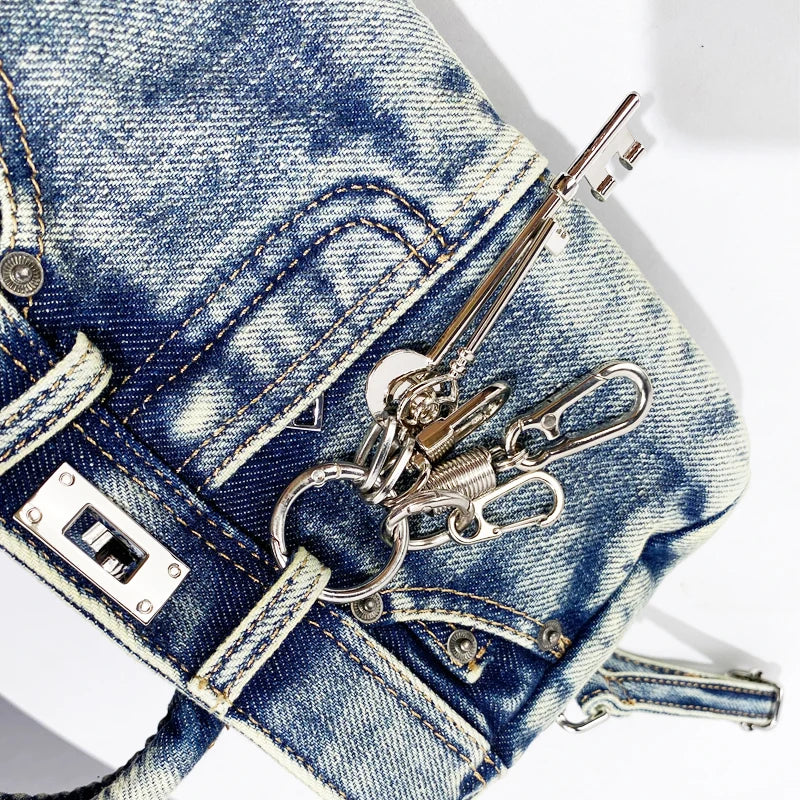 Bloqueio rebite decoração chave sacos para mulheres designer de luxo bolsa e bolsa 2024 novo no vintage lavagem água denim pequeno ombro  bolsa transversal  frete grátis chegada rápida