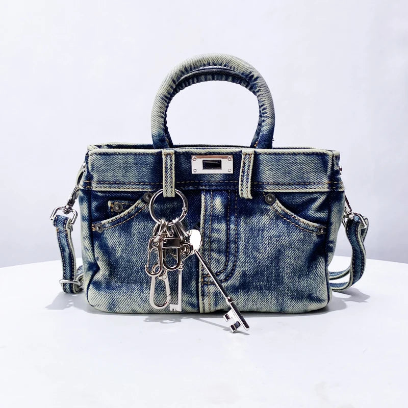 Bloqueio rebite decoração chave sacos para mulheres designer de luxo bolsa e bolsa 2024 novo no vintage lavagem água denim pequeno ombro  bolsa transversal  frete grátis chegada rápida