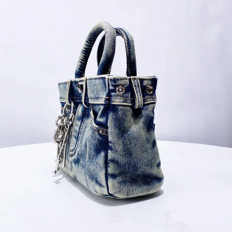 Bloqueio rebite decoração chave sacos para mulheres designer de luxo bolsa e bolsa 2024 novo no vintage lavagem água denim pequeno ombro  bolsa transversal  frete grátis chegada rápida